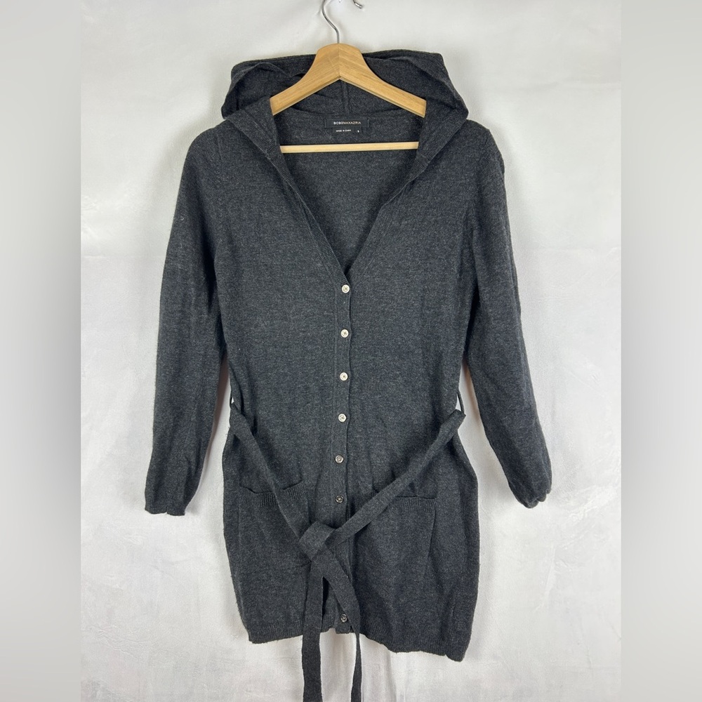 BCBG MAXAZRIA Cashmere Angora Hooded Cardigan Charcoal Grey Women's Small Wool